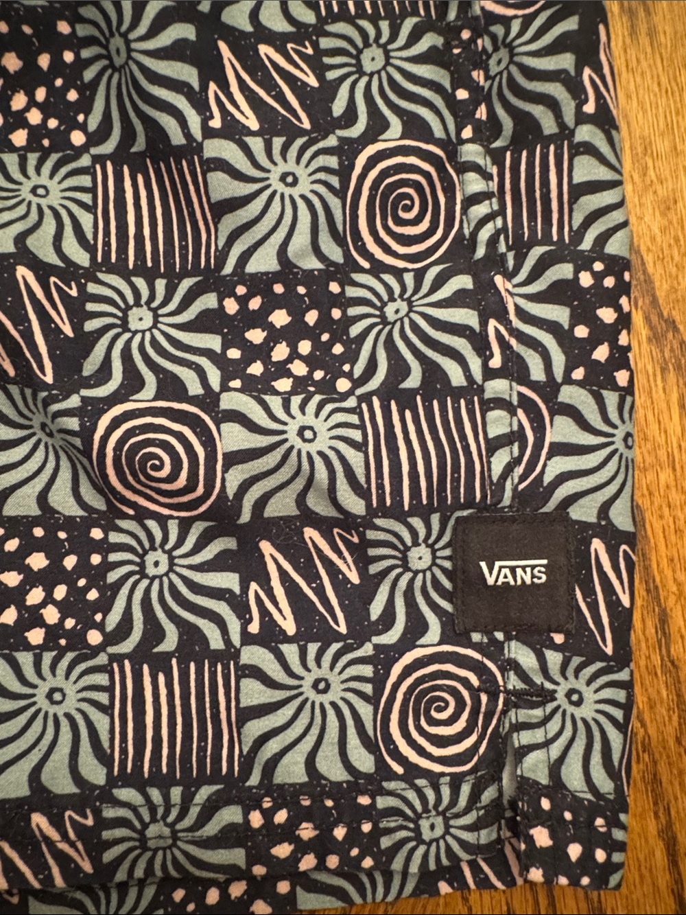 Vans “Vibe Check” Black Shorts with Sage Green & Light Pink Pattern